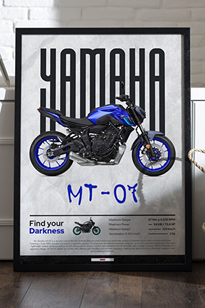 Duvarda Yamaha MT-07 Siyah Ahşap Çerçeveli Poster, Dekoratif Motosiklet Duvar...