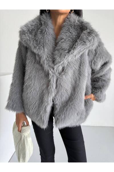 Ahzem Collection سترة نسائية من الفرو بياقة واسعة وجيوب