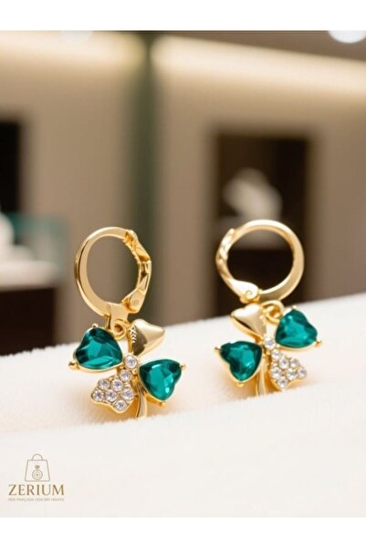 ZERİUM Yeşil Mozaik Dört Yapraklı Yonca Kadın Küpe