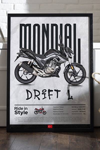 Duvarda Mondial Drift L Siyah Ahşap Çerçeveli Poster, Dekoratif Motosiklet Du...