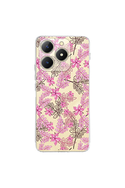 PrintiFy Realme C61 İle Uyumlu Floral Pembe Baskılı Kamera Korumalı Şeffaf Kılıf
