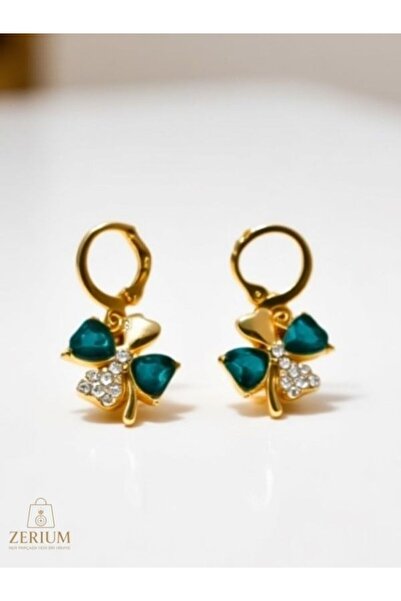 ZERİUM Yeşil Mozaik Dört Yapraklı Yonca Kadın Küpe