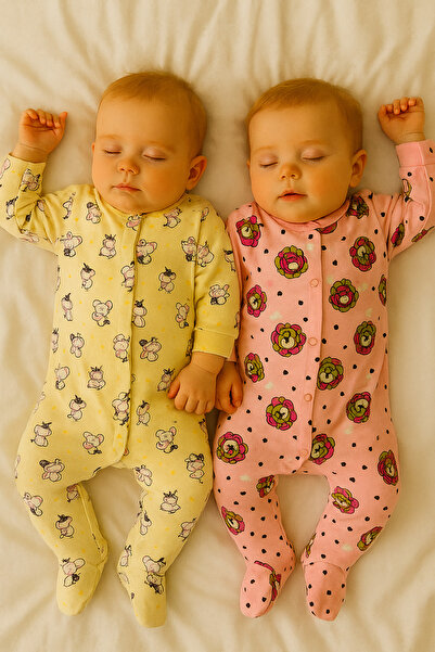 Vivolas Baby Rompers Set of 2 – Long Sleeves, with Booties - Animal Pattern (0-6 Months)