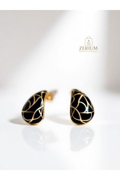 ZERİUM Minimalist Black Marble Stone Detailed Steel Drop Women's Earrings