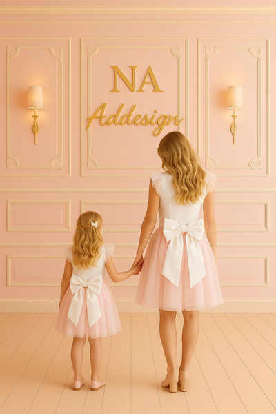 NA ADDESIGN Anne Kız Kombin Tül Elbise - Beyaz & Bebe Pembe - Double Krep Üst, Kat Kat Tül Etek, Full Astar