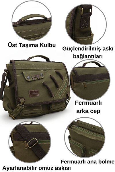 Cappadocia Vintage 4017 Khaki 14-Inch Laptop Canvas Messenger School Bag Unisex with Lock Multi-Pocket Shoulder Strap