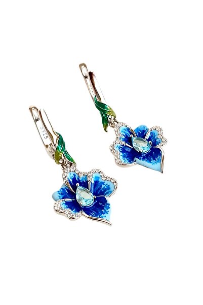 LUNA LUSTER 18 Ayar Altın Kaplama Mavi Lotus Çiçek Tasarım Kakma Emaye Boyama Kadın Gümüş Küpe