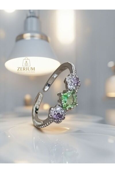 ZERİUM Silver Three Stone Flower Detailed Adjustable Ring