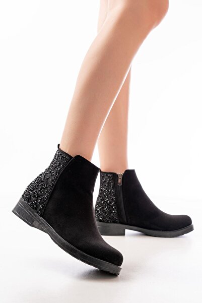 Mida Shoes 165-212 Siyah Süet Taş Aksesuarlı Fermuarlı Günlük Kadın Bot