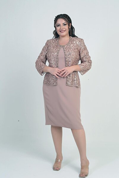 By Saygı Women's Sequin Embroidered Bead Detailed Tulle Jacket Half Moon Sleeve Short Dress Lined Crepe Plus Size 2-Piece