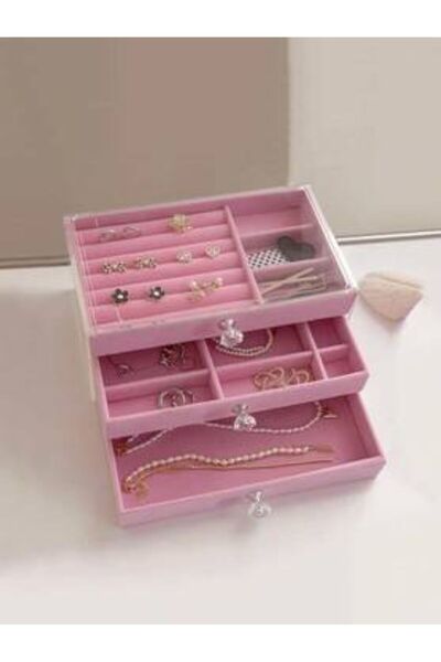 Generica منظم اكسسوارات من 3طبقات مع غطا اكريليك لون زهري المقاس 10*13.5*23 سم