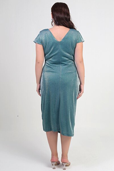 By Saygı Women's Front Back V-Neck Waist Stone Detailed Lined Silvery Sandy Fabric Plus Size Midi Dress