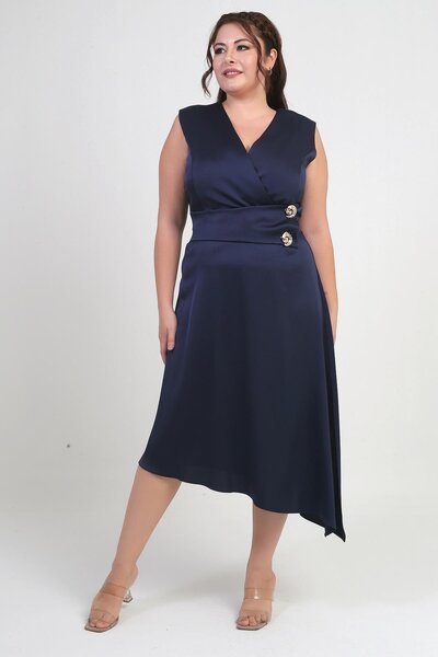 By Saygı Women's Double Breasted Collar Button Detailed Asymmetrical Plus Size Crepe Satin Dress