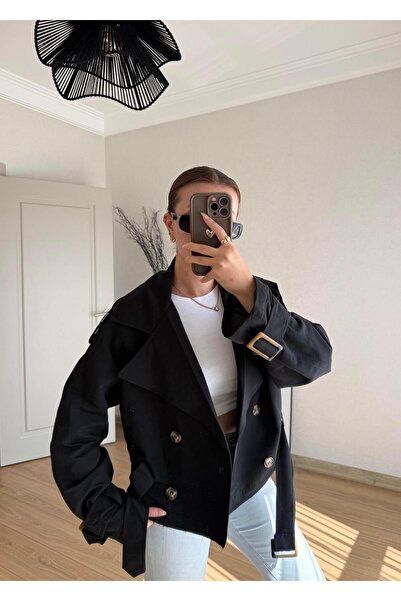 BAŞARAN Black Short Trench with Belt Detail