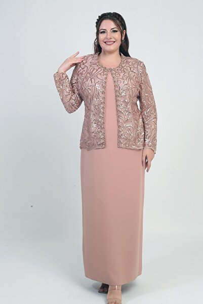 By Saygı Women's Sequins Embroidered Beading Detail Tulle Jacket Half Moon Sleeve Long Dress Lined Crepe Plus Size 2-Piece