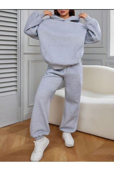 trendgar Gray Hoodie & Sweatpants Plain Unisex Top and Bottom Set