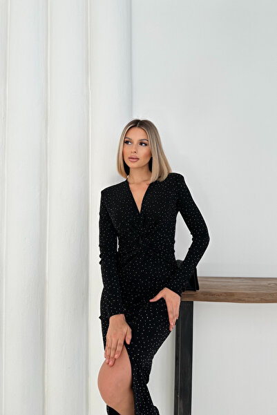 Sorridi V Yaka Önü Burgulu Yırtmaçlı Taşlı Midi Elbise