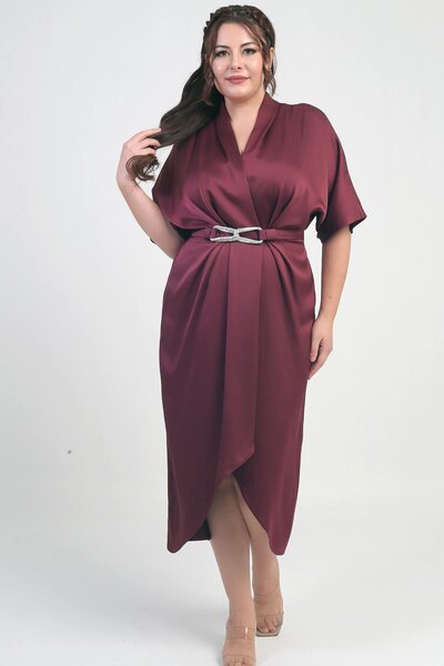 By Saygı Women's Double Breasted Collar Short Batwing Sleeve Double Pleated Crepe Satin Plus Size Midi Designer Dress