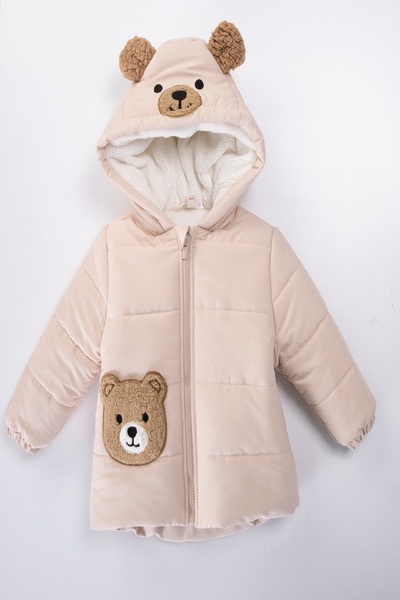 PODİUM GİYİM Trendy Cute Teddy Bear Plush Fur Lined Zippered Quilted Hooded Thick Winter Coat-Jacket