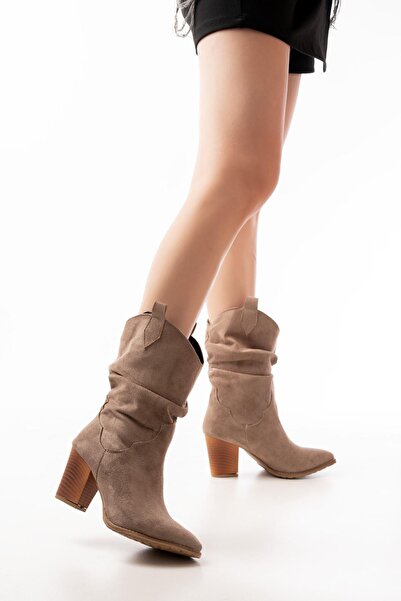 Mida Shoes LS-1860 Vizon Süet Körüklü Kalın Topuklu Günlük Kadın Bot