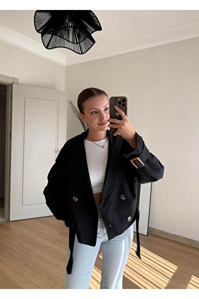 BAŞARAN Black Short Trench with Belt Detail