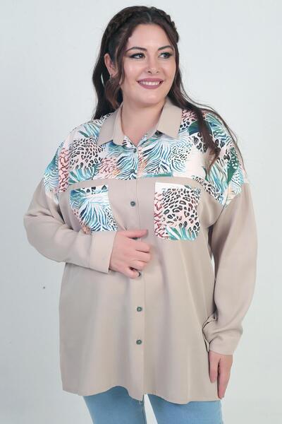 By Saygı Women's Low Sleeve Double Pocket Patterned Plus Size Shirt