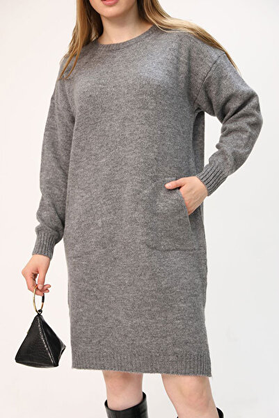 bacc Γυναικείο γκρι φόρεμα με διπλή τσέπη και στρογγυλή λαιμόκοψη BCES-252022-1