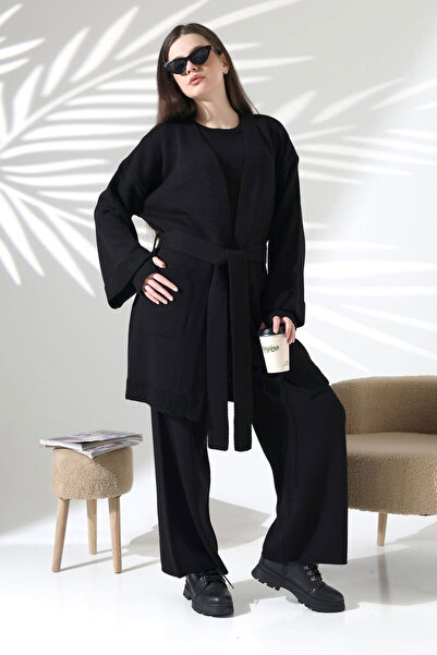 loia Bluză neagră cu gât turnat, cardigan și pantaloni pentru femei, set de t...