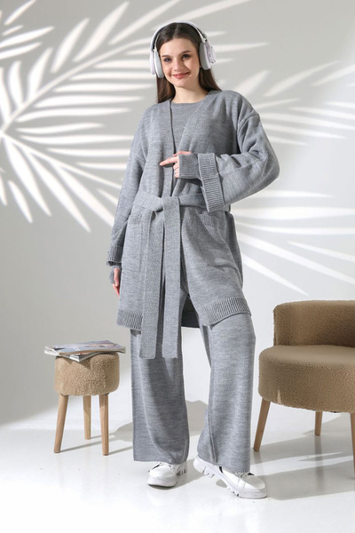 bacc Gray Crew Neck Blouse, Cardigan and Pants 3-Piece Knitwear Set Bces-252041