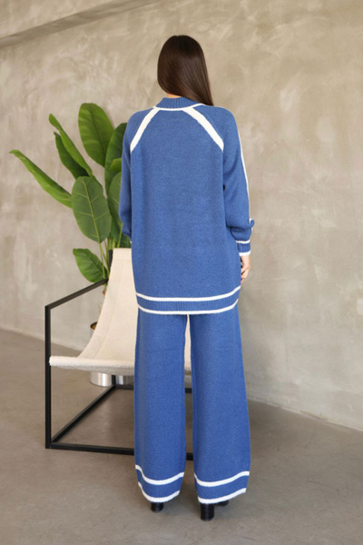 bacc Women's blue striped crew neck tunic and wide leg knit bottom set bces-252030