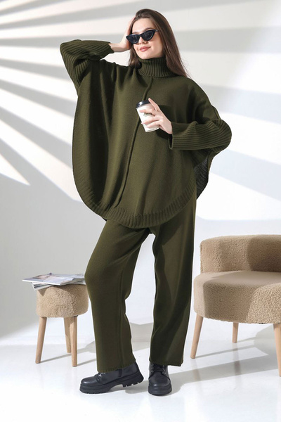 bacc Khaki High Neck Loose Fit Sweater and Fitted Pants Top and Bottom Knitwear Set Bces-252033