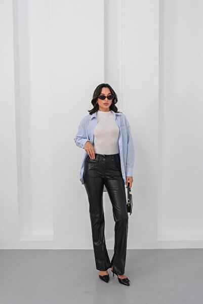 bacc Women's black high waist slit faux leather pants bchn-25265099