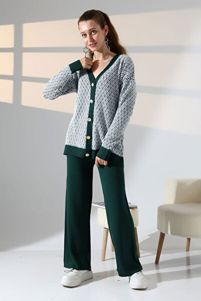 bacc Women's green v-neck button-up cardigan and pants bottom top knitwear set bces-252011