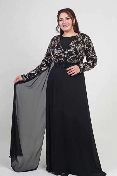 By Saygı Kadın Kruvaze Yaka Görünümlü Pullu Astarlı Şifon Uzun B.B. Elbise