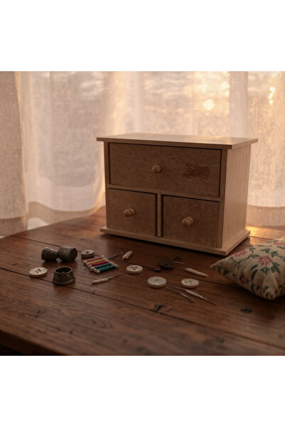 Atölye Kiraz Raw Wooden Jewelry Box | Three Drawer Decorative Box | 23X17X17 cm