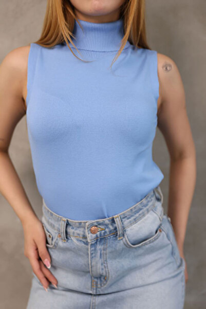 bacc Γυναικεία Μπλούζα με Πλεκτό Γιακά και Μπλε Αμάνικο BCES-252022