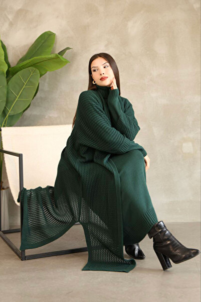 bacc Khaki High-Neck Long Sleeve Knit Dress and Long Cardigan Hijab Top and Bottom Knit Set Bces-252039