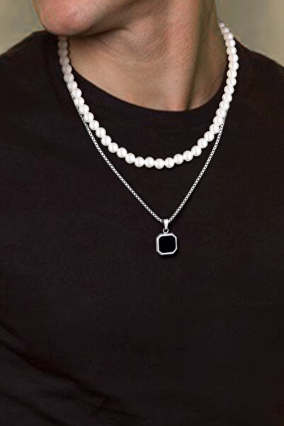 laria jewelry Kare Siyah Taşlı Madalyon Kolye Ve İnci Kolye Seti 2'li