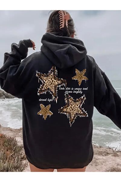 NoVibe Hanorac cu glugă cu imprimeu cu stele de leopard