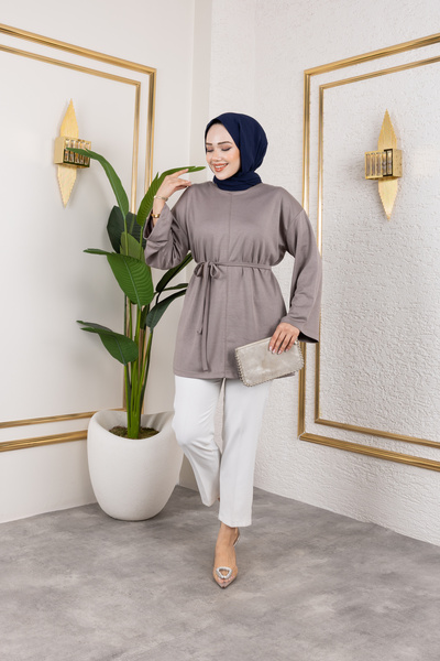 Eliva Women's Mink Belted Modal Knitted Fabric Hijab Tunic