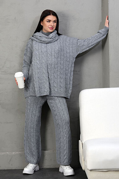 bacc Women's grey knitted motif sweater cardigan and pants 3-piece knitwear set bces-252031