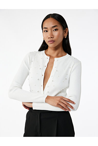 Koton Buttoned Long Sleeve Crew Neck Stone Knitwear Cardigan