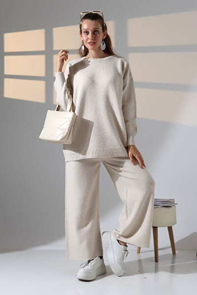 bacc Women's ecru crew neck sweater and wide leg pant bottom top knitwear set bces-252005