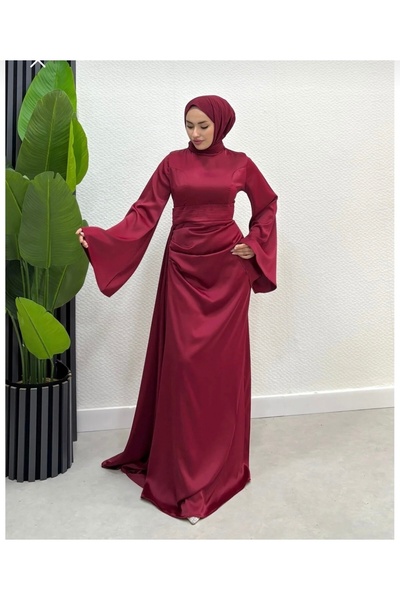 Modarana İspanyol Kol Kuyruklu Saten Tesettür Abiye