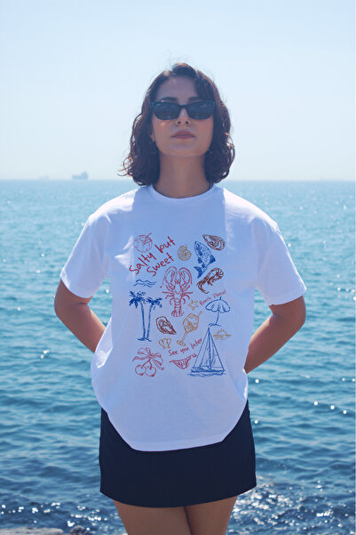 MUVIANCE Kadın Beyaz Oversize Deniz Temalı Baskılı Tişört – %100 Pamuk Rahat Günlük Basic