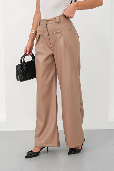 bacc Women's Beige Wide Leg Faux Leather Pants Bchn-25263644