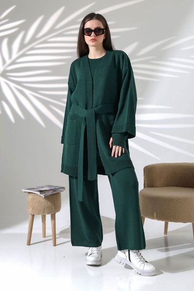 bacc Khaki Crew Neck Blouse, Cardigan and Pants 3-Piece Knitwear Set Bces-252041