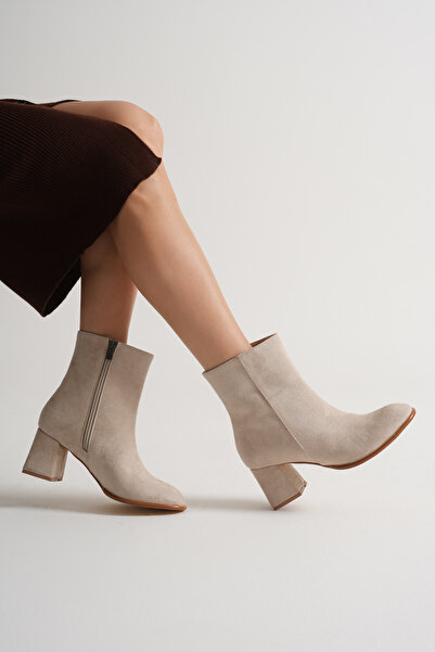 ROOC حذاء نسائي بكعب عالٍ من جلد الغزال بسحاب لتقويم العظام - بيج