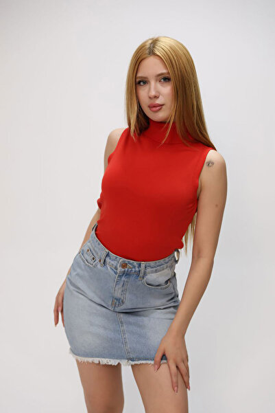 bacc Red Sleeveless High Neck Knit Blouse Bces-252022