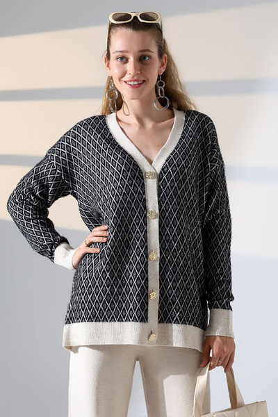 bacc Ecru V-Neck Buttoned Cardigan and Pants Bottom-Top Knitwear Set Bces-252011